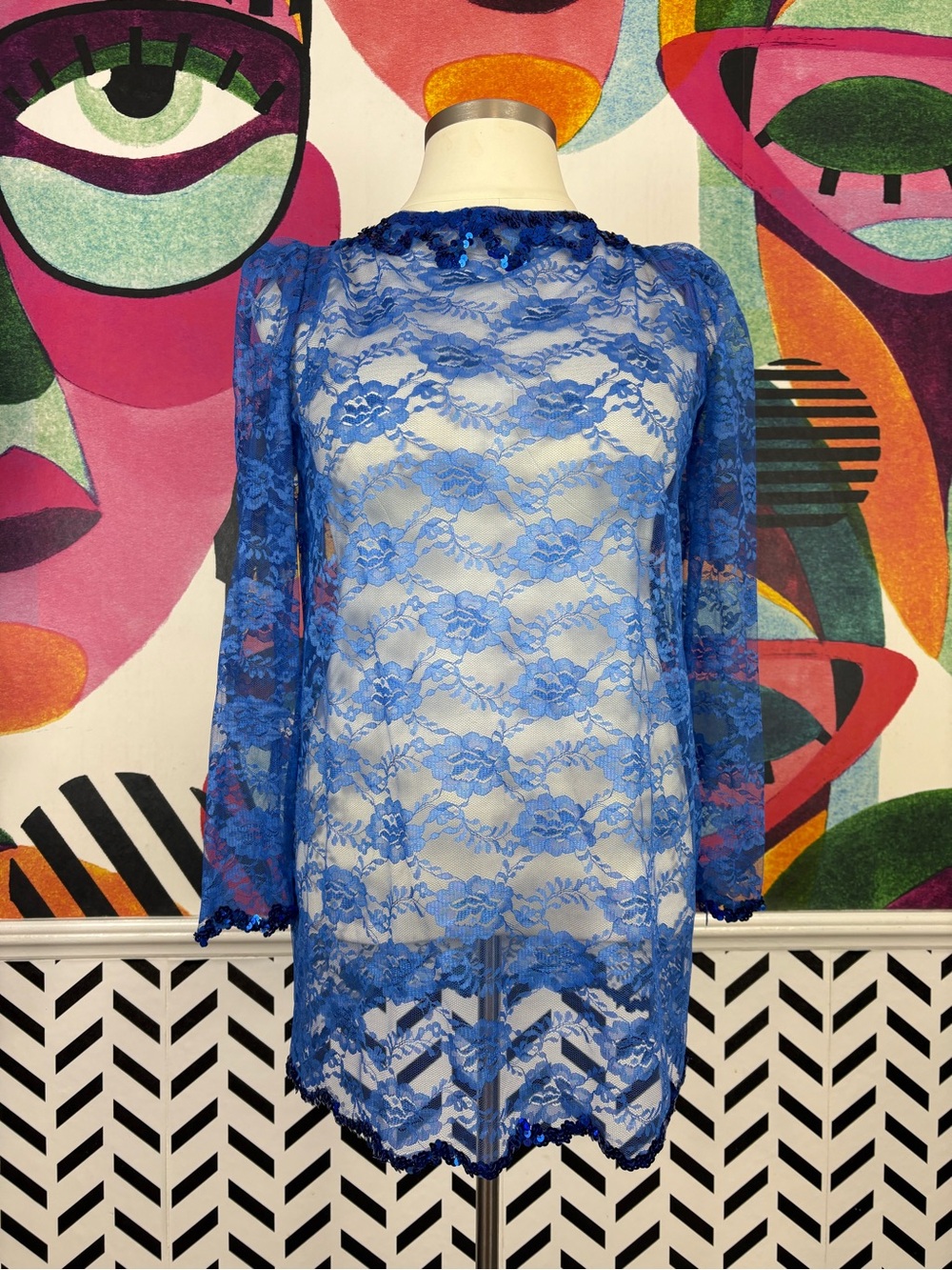VTG 1980s Blue Floral Lace Mini Dress